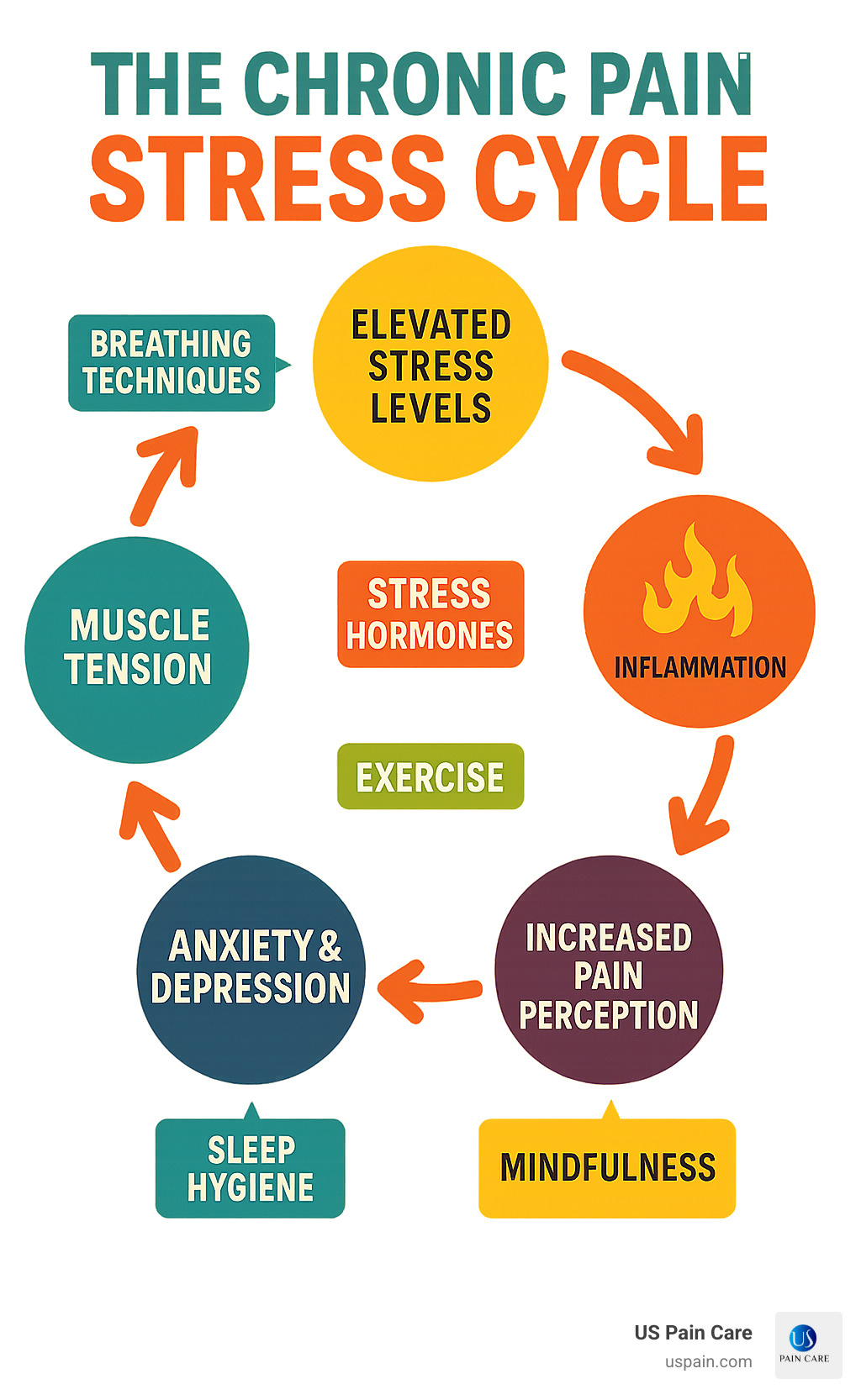 Infographic showing the chronic pain stress cycle with arrows connecting stress hormones, muscle tension, inflammation, increased pain perception, anxiety and depression, and back to liftd stress levels, with intervention points marked for breathing techniques, exercise, mindfulness, and sleep hygiene - chronic pain stress management infographic 