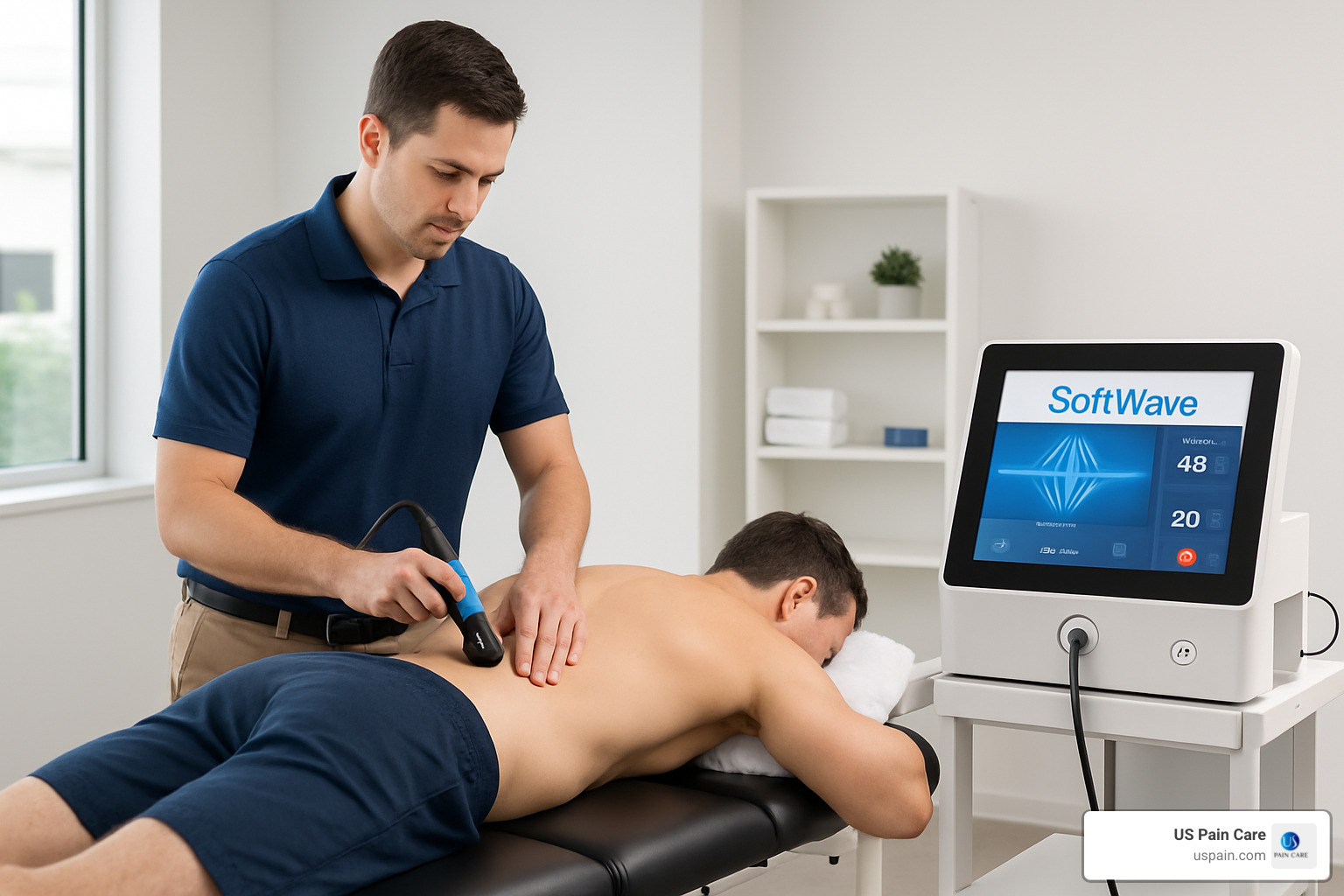 SoftWave therapy device being used for back pain treatment - back pain relief clinic SoftWave therapy device being used for back pain treatment - back pain relief clinic