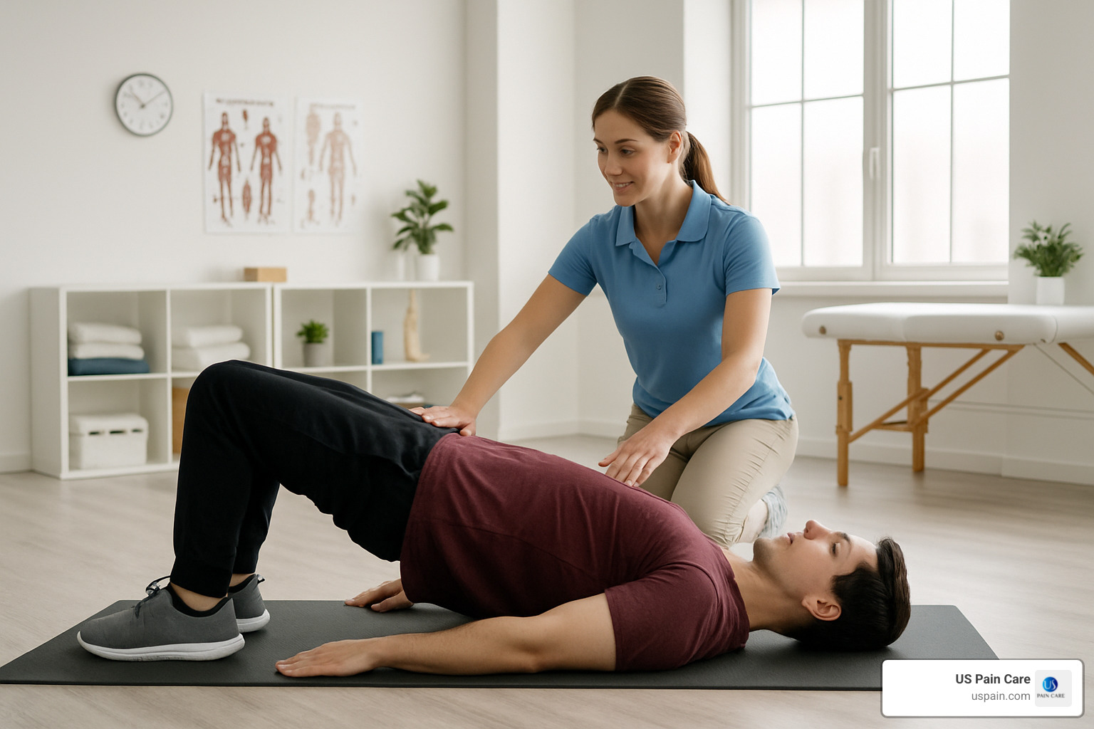 demonstration of bridge exercise for back pain - back pain physical therapy