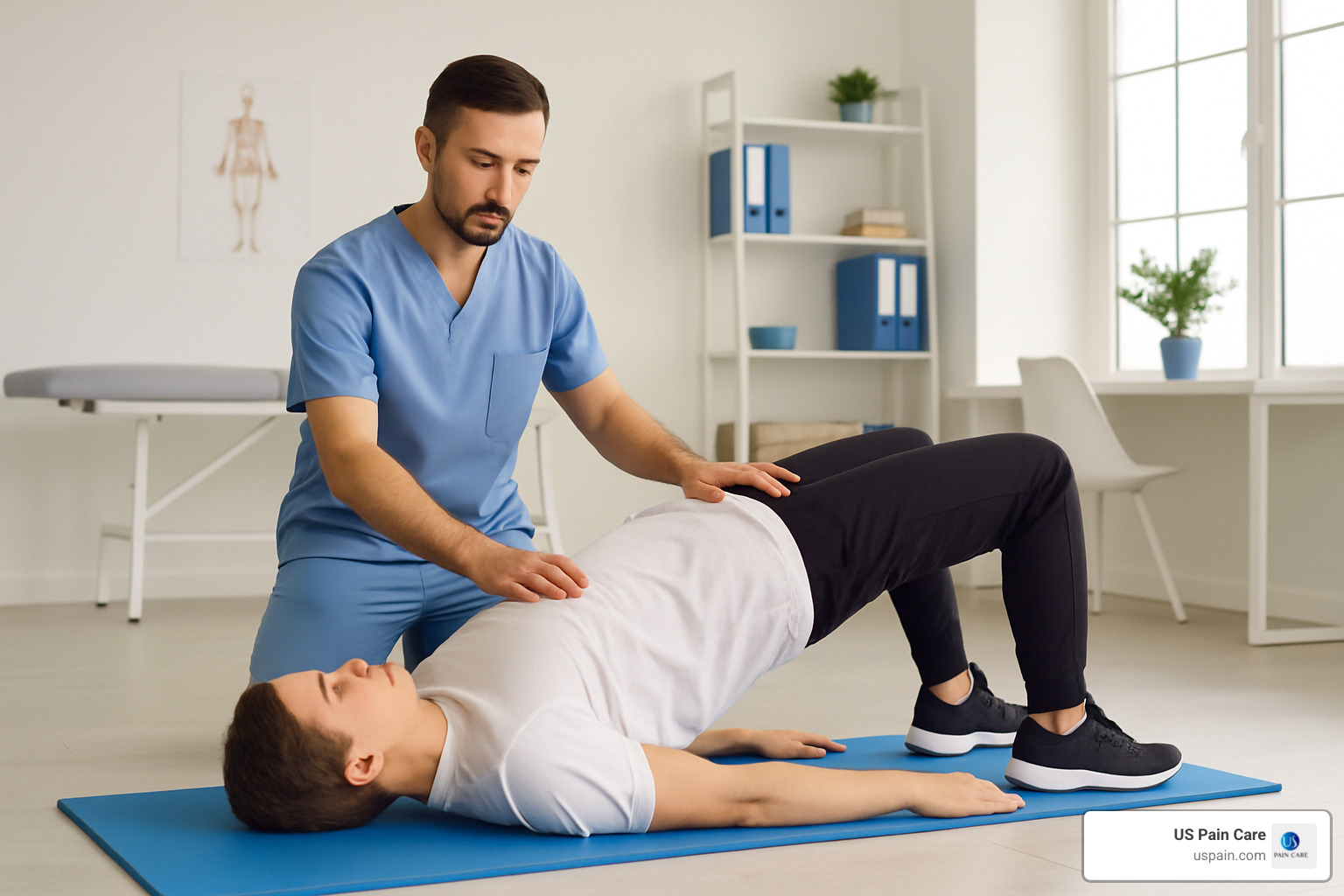 Bridge exercise demonstration showing proper form and progression - low back pain treatment physical therapy