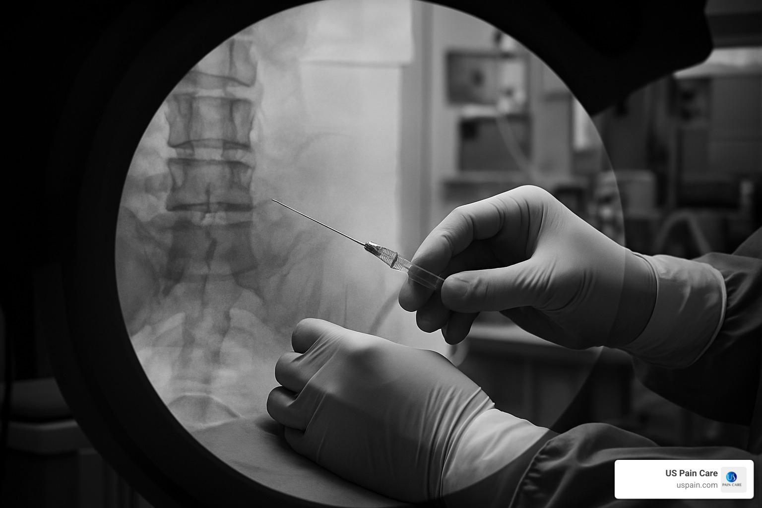 Fluoroscopic image showing precise needle placement for nerve block procedure targeting cancer pain - pain management for cancer patients