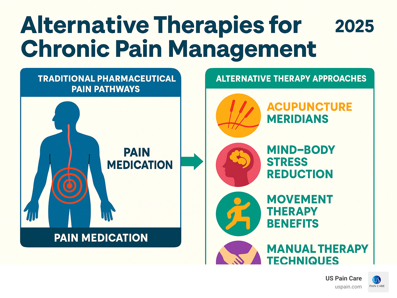 Comprehensive infographic showing the difference between traditional pharmaceutical pain pathways versus alternative therapy approaches, including acupuncture meridians, mind-body stress reduction cycles, movement therapy benefits, and manual therapy techniques - alternative therapies for chronic pain management infographic 