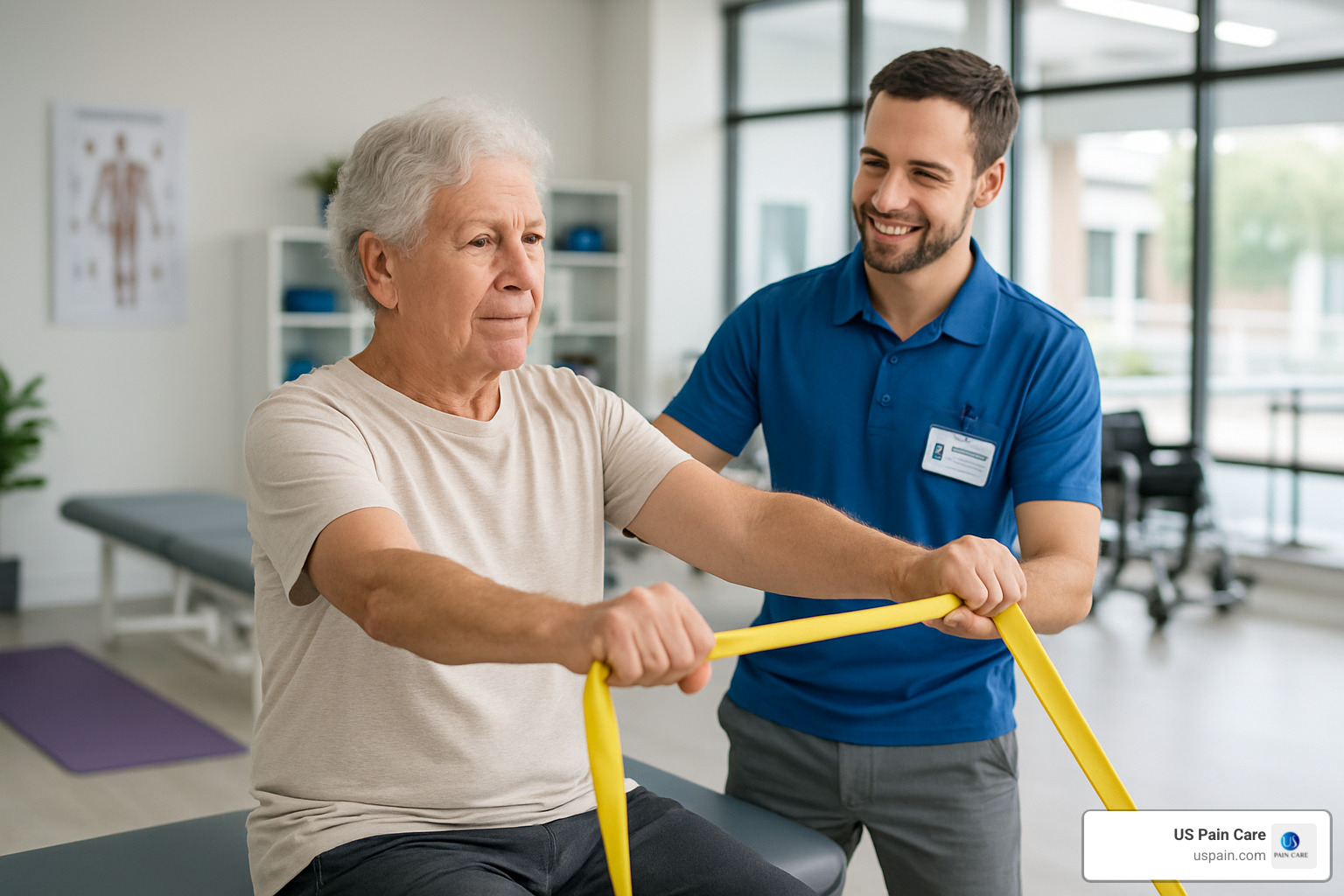 Patient performing gentle resistance band exercises for osteoporosis pain relief and bone strengthening - pain management for osteoporosis