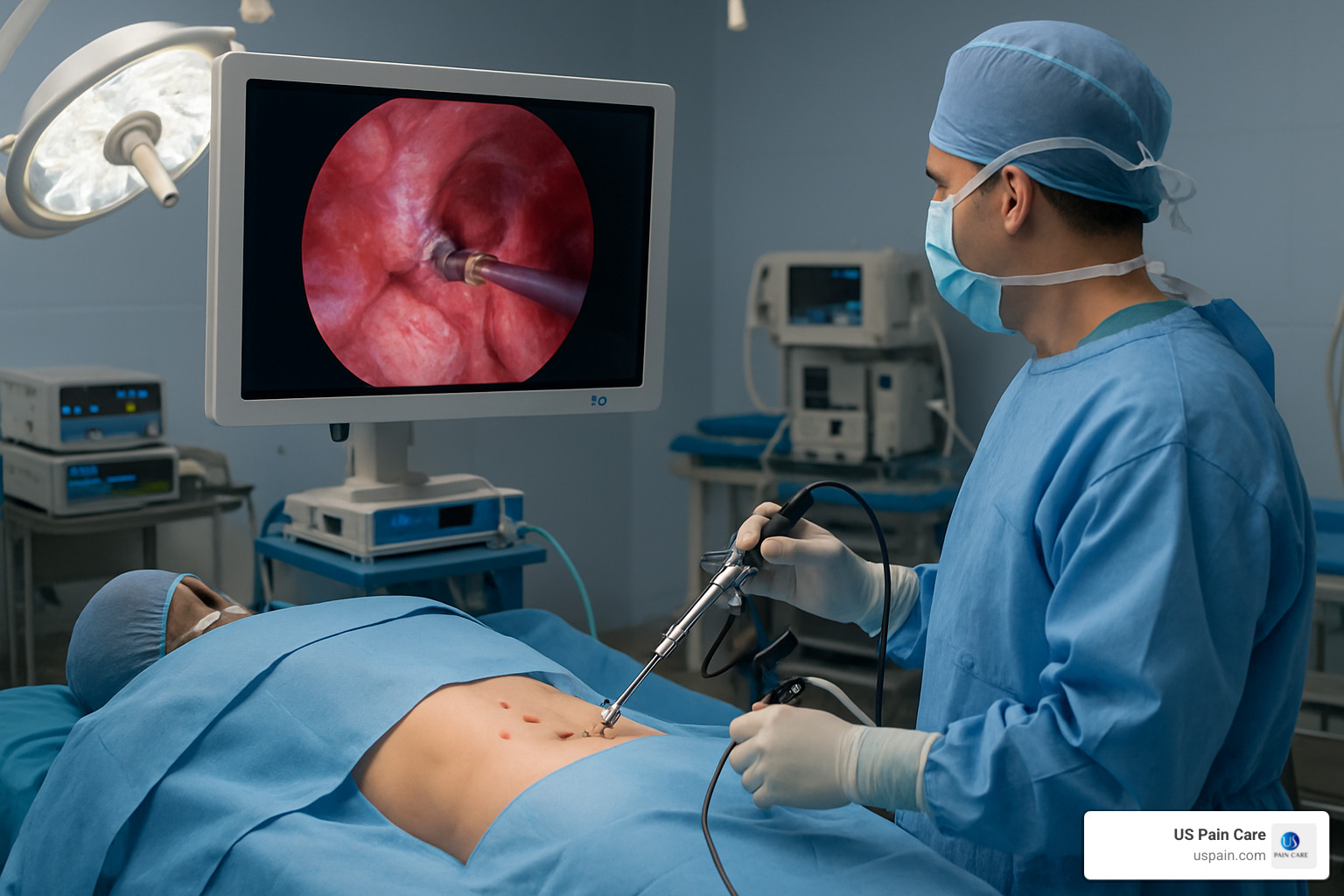 endoscopic surgical setup with small incisions and specialized instruments - minimally invasive back procedures