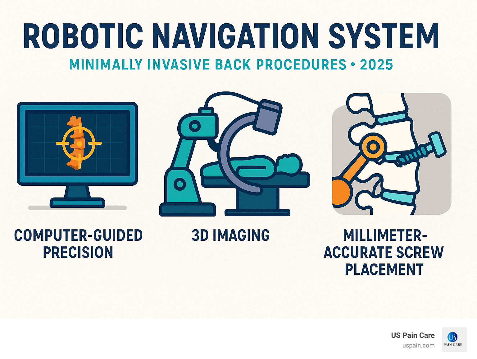 Infographic showing robotic navigation system with computer-guided precision, 3D imaging, and millimeter-accurate screw placement - minimally invasive back procedures infographic 