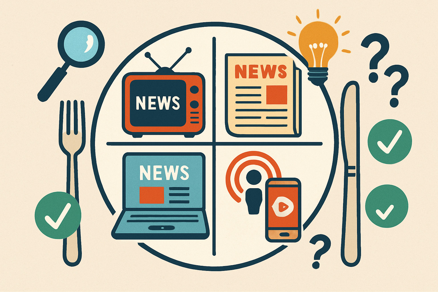 Balanced media diet illustration showing diverse news sources, fact-checking tools, and critical thinking approaches to information consumption - gateway pundit