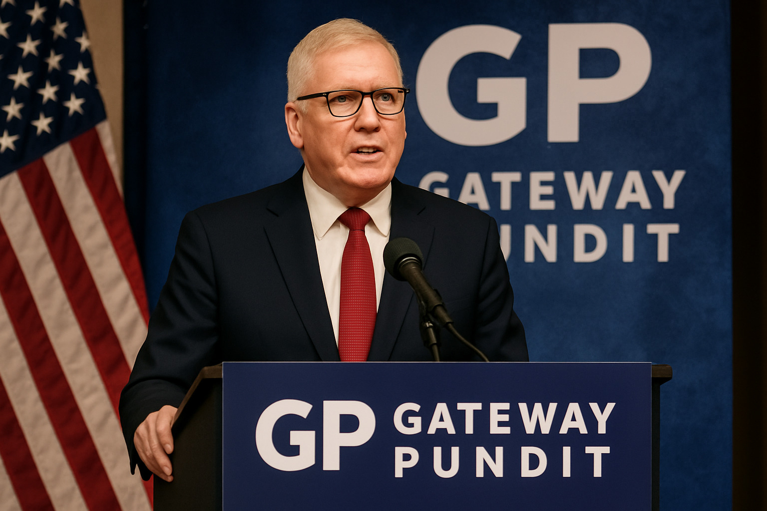 Jim Hoft speaking at a conservative political event with Gateway Pundit branding visible in the background - gateway pundit