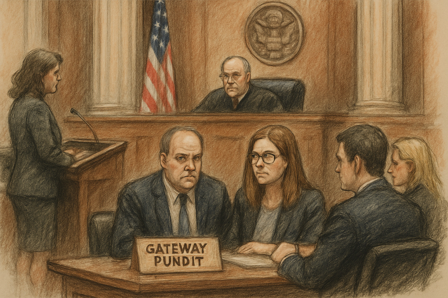 Courtroom sketch showing legal proceedings with Gateway Pundit representatives facing defamation lawsuit - gateway pundit