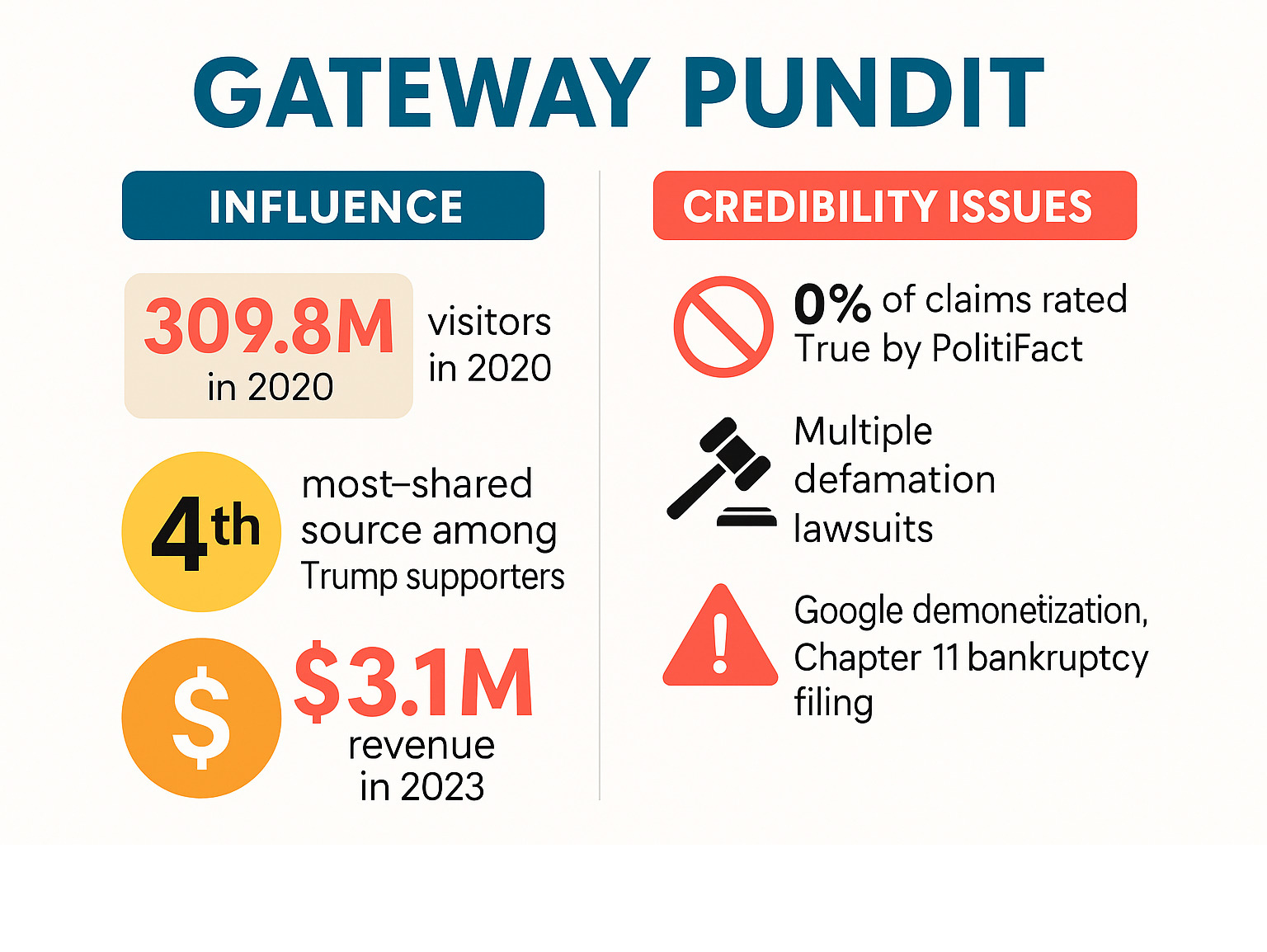 Infographic summarizing Gateway Pundit's influence metrics: 309.8 million visitors in 2020, 4th most-shared source among Trump supporters, $3.1M revenue in 2023, versus credibility issues: 0% of claims rated True by PolitiFact, multiple defamation lawsuits, Google demonetization, Chapter 11 bankruptcy filing - gateway pundit infographic Infographic summarizing Gateway Pundit's influence metrics: 309.8 million visitors in 2020, 4th most-shared source among Trump supporters, $3.1M revenue in 2023, versus credibility issues: 0% of claims rated True by PolitiFact, multiple defamation lawsuits, Google demonetization, Chapter 11 bankruptcy filing - gateway pundit infographic