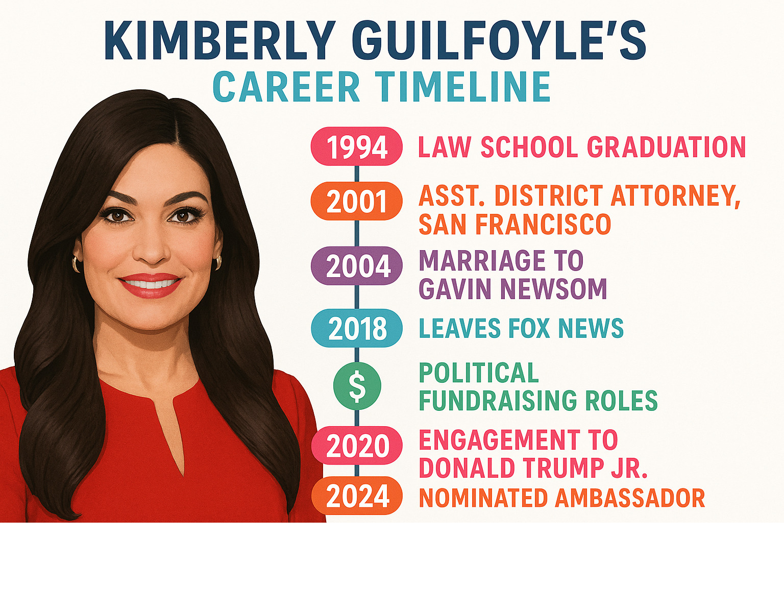 Infographic showing Kimberly Guilfoyle's career timeline from 1994 law school graduation through 2024 ambassador nomination, including major milestones in legal career, Fox News tenure, political fundraising roles, and personal relationships - kimberly guilfoyle infographic 