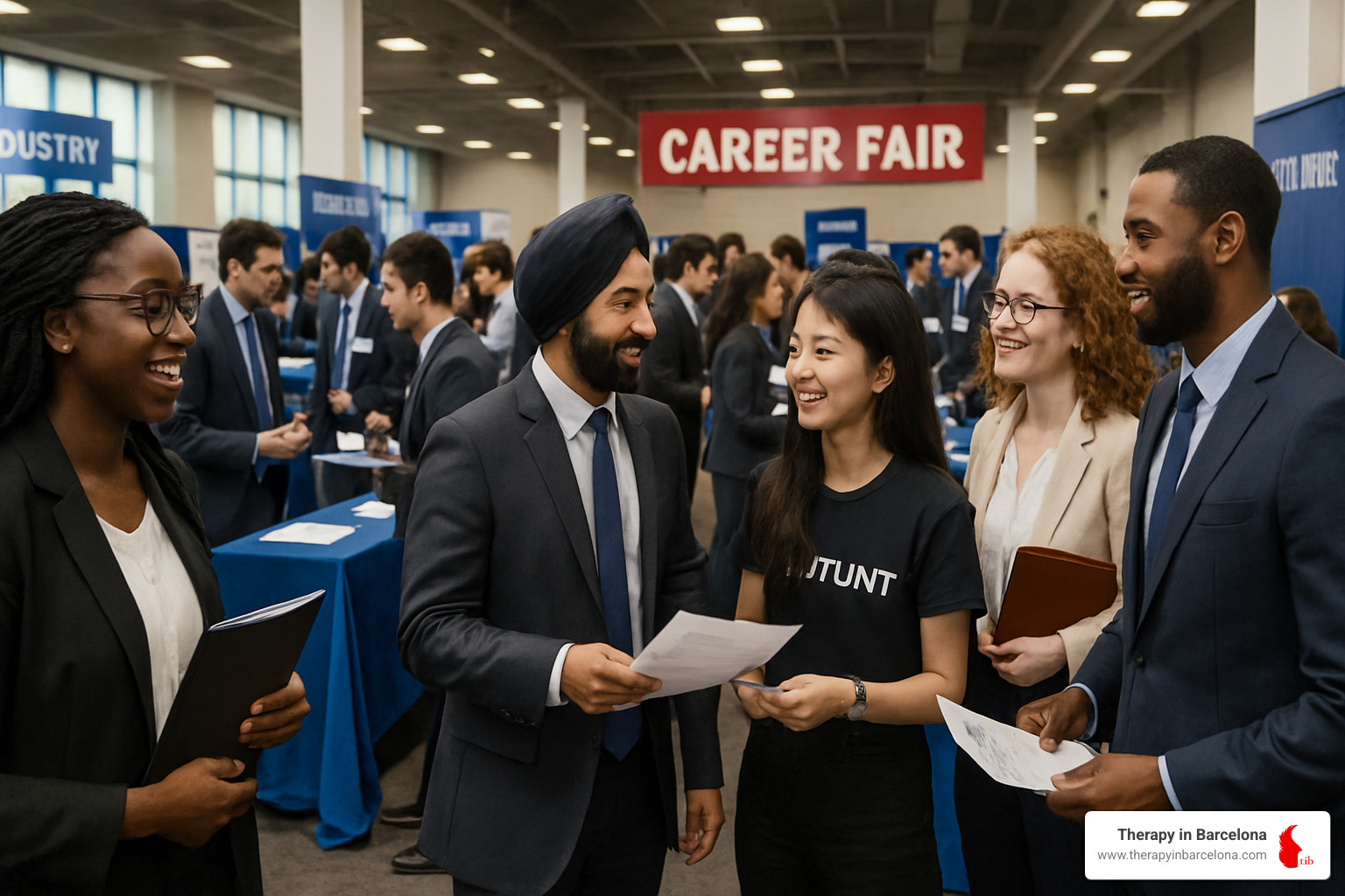 Students networking at a career fair with diverse professionals from various industries - career counseling for international students Students networking at a career fair with diverse professionals from various industries - career counseling for international students