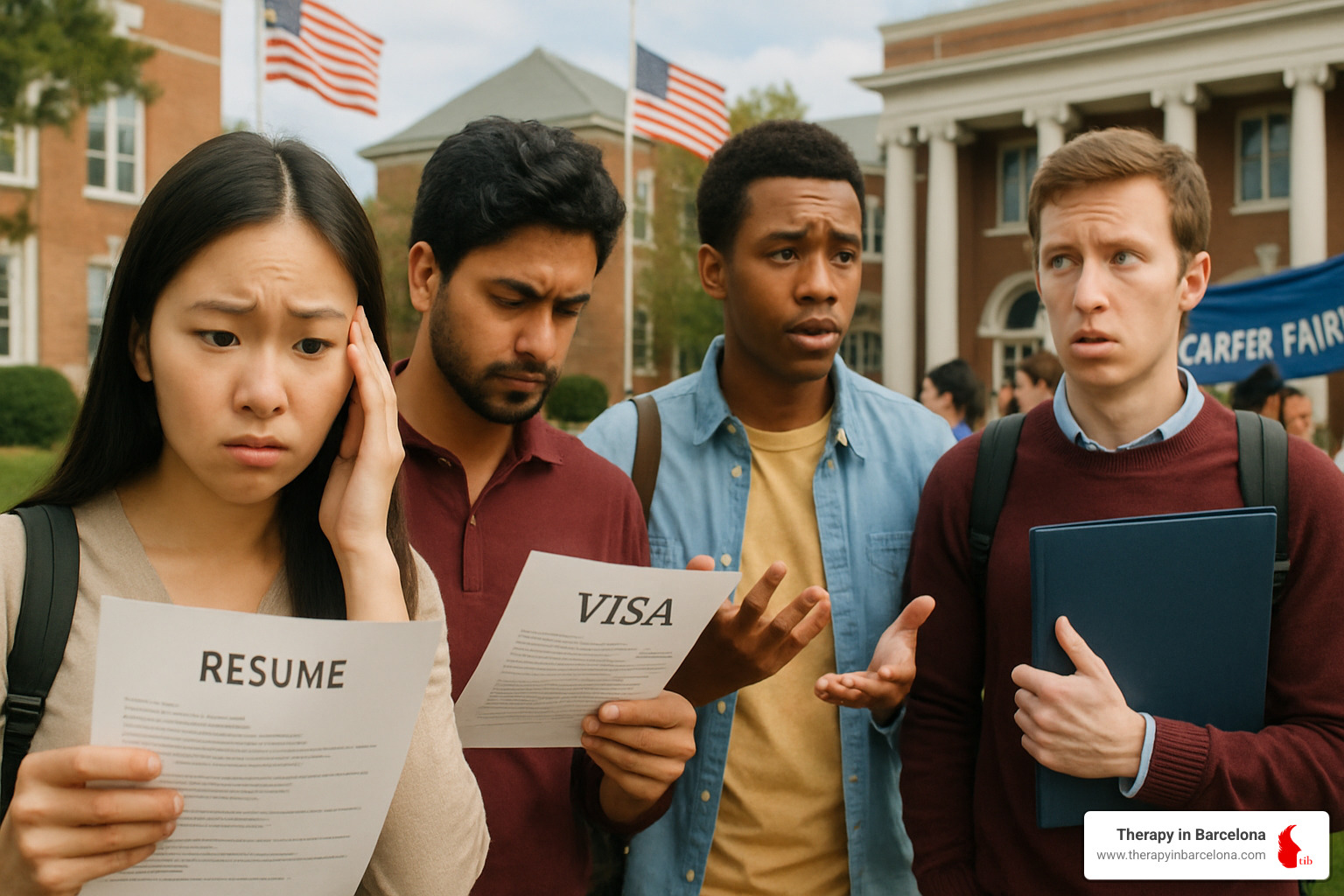 International students facing various career barriers including language anxiety, visa restrictions, cultural differences, and networking challenges - career counseling for international students International students facing various career barriers including language anxiety, visa restrictions, cultural differences, and networking challenges - career counseling for international students