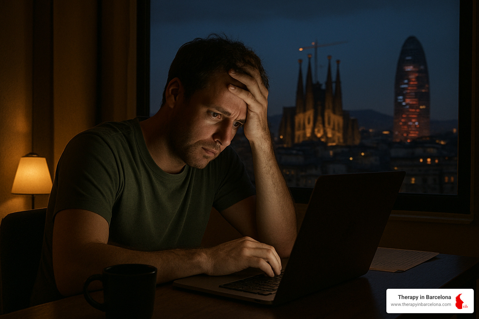 stressed expat working late at computer with Barcelona skyline in background - Work-life balance counseling