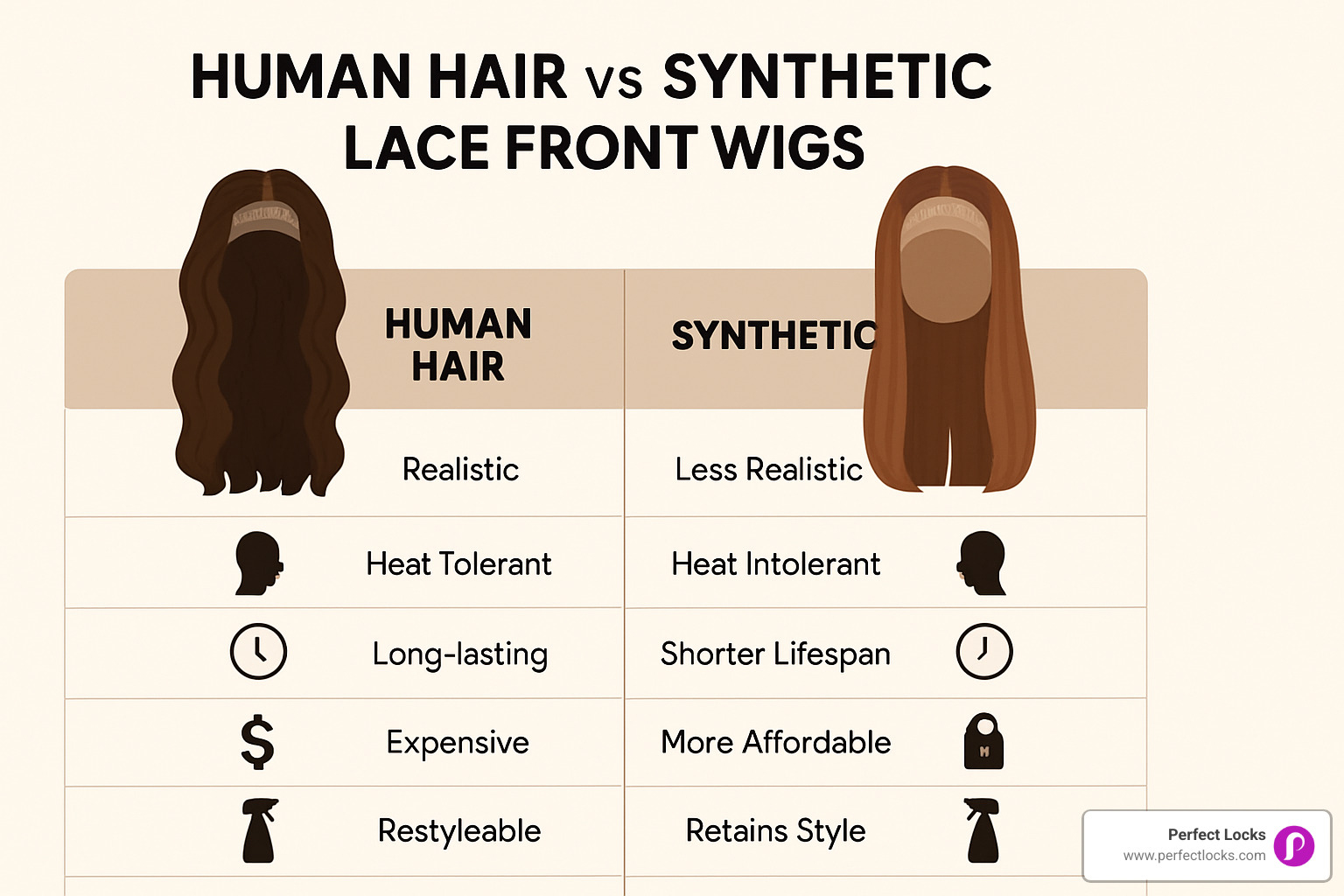 comparison chart showing human hair vs synthetic wig characteristics - lace front wig guide