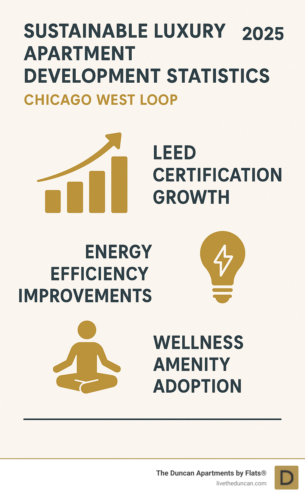 sustainable luxury apartment development statistics showing LEED certification growth, energy efficiency improvements, and wellness amenity adoption rates in Chicago West Loop - Luxury apartments Chicago West Loop infographic 