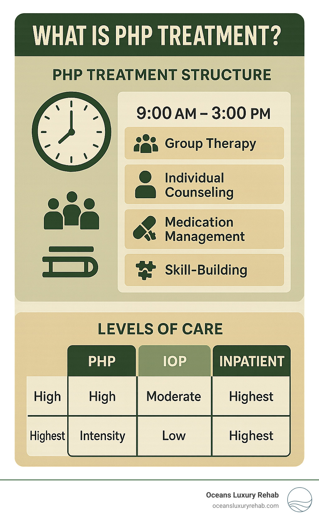 Comprehensive infographic showing PHP treatment structure with daily schedule from 9am-3pm including group therapy sessions, individual counseling, medication management, and skill-building activities, plus comparison chart of PHP vs IOP vs inpatient care levels - What is PHP treatment? infographic 