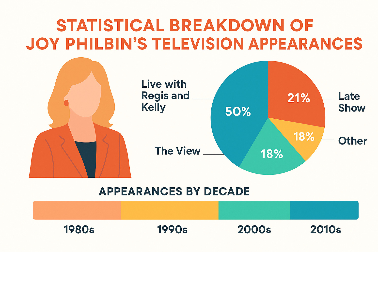 Statistical breakdown of Joy Philbin's television appearances, showing her impact across different shows and decades - joy philbin infographic 