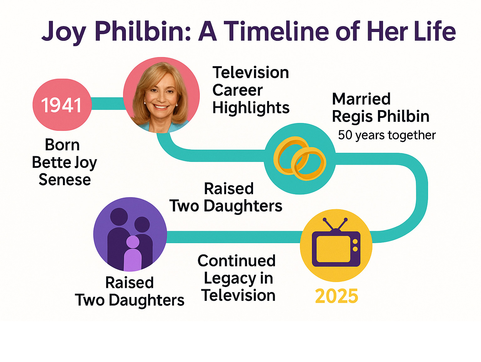 Infographic showing Joy Philbin's life timeline from birth in 1941 through her career highlights, 50-year marriage to Regis, raising two daughters, and her continued legacy in television - joy philbin infographic 