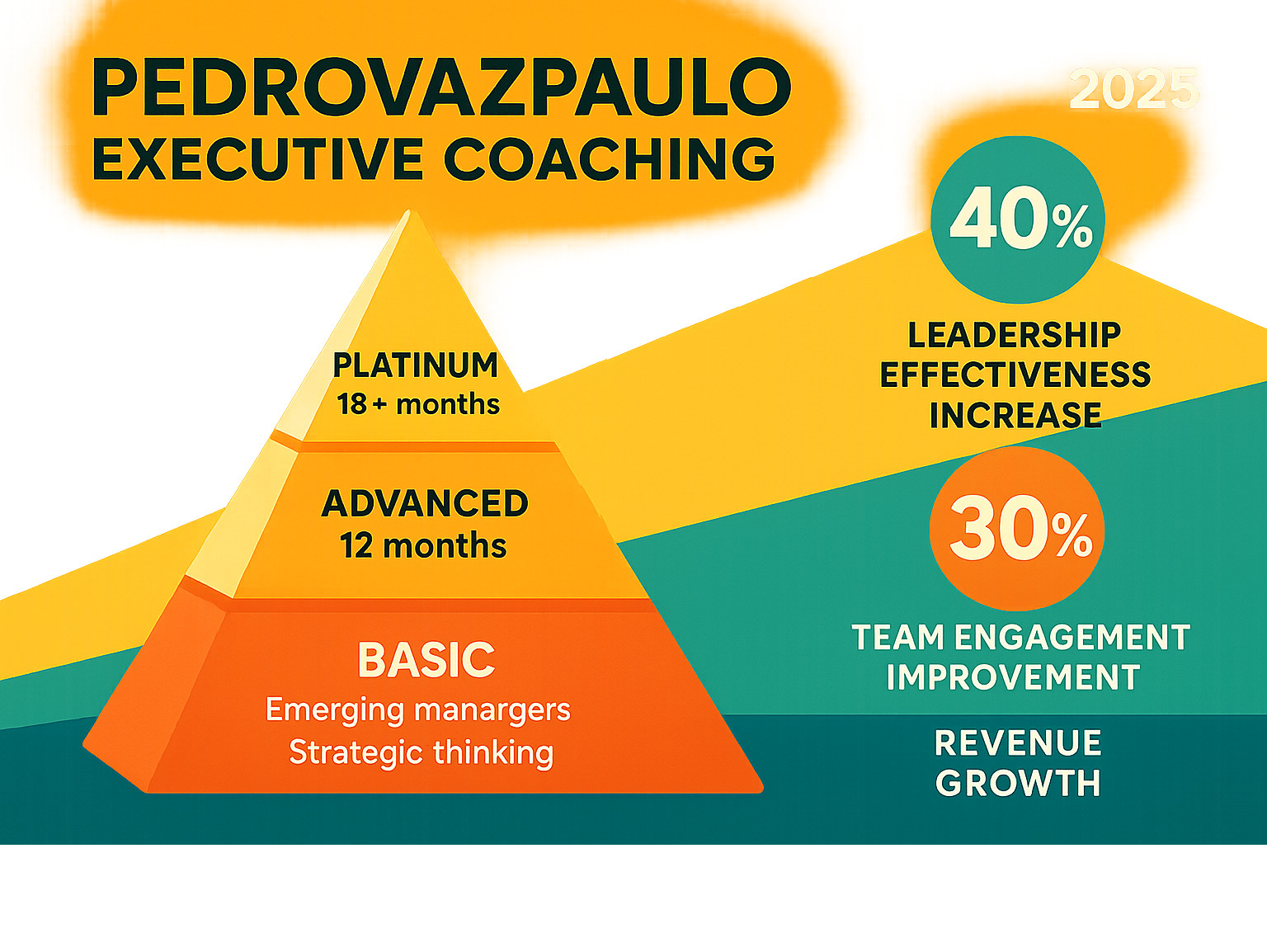Infographic showing the three-tier structure of Pedrovazpaulo Executive Coaching with Basic (6 months, emerging managers, core competencies), Advanced (12 months, mid-career leaders, strategic thinking), and Platinum (18+ months, C-suite, change management) tiers, including key outcomes like 40% leadership effectiveness increase, 30% team engagement improvement, and 25% revenue growth - pedrovazpaulo executive coaching infographic 