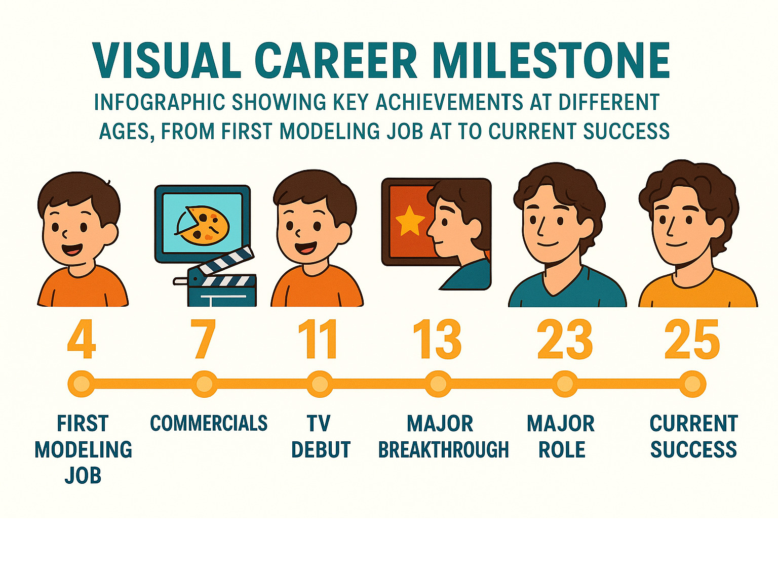 Visual career milestone infographic showing key achievements at different ages, from first modeling job at 4 to current success at 25 -  how old is gavin casalegno infographic 