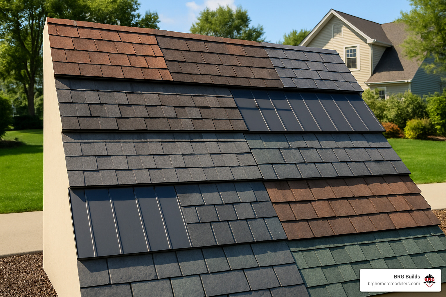 Showcase of various shingle colors and styles arranged to demonstrate design possibilities and architectural compatibility - best shingles for residential roofing