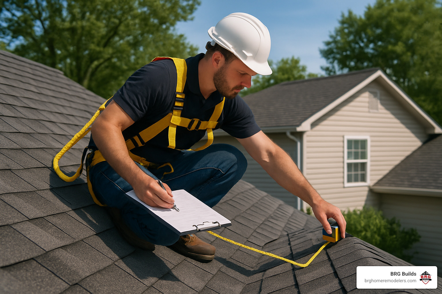 Professional roofing contractor performing detailed roof inspection with safety equipment and measurement tools - best shingles for residential roofing