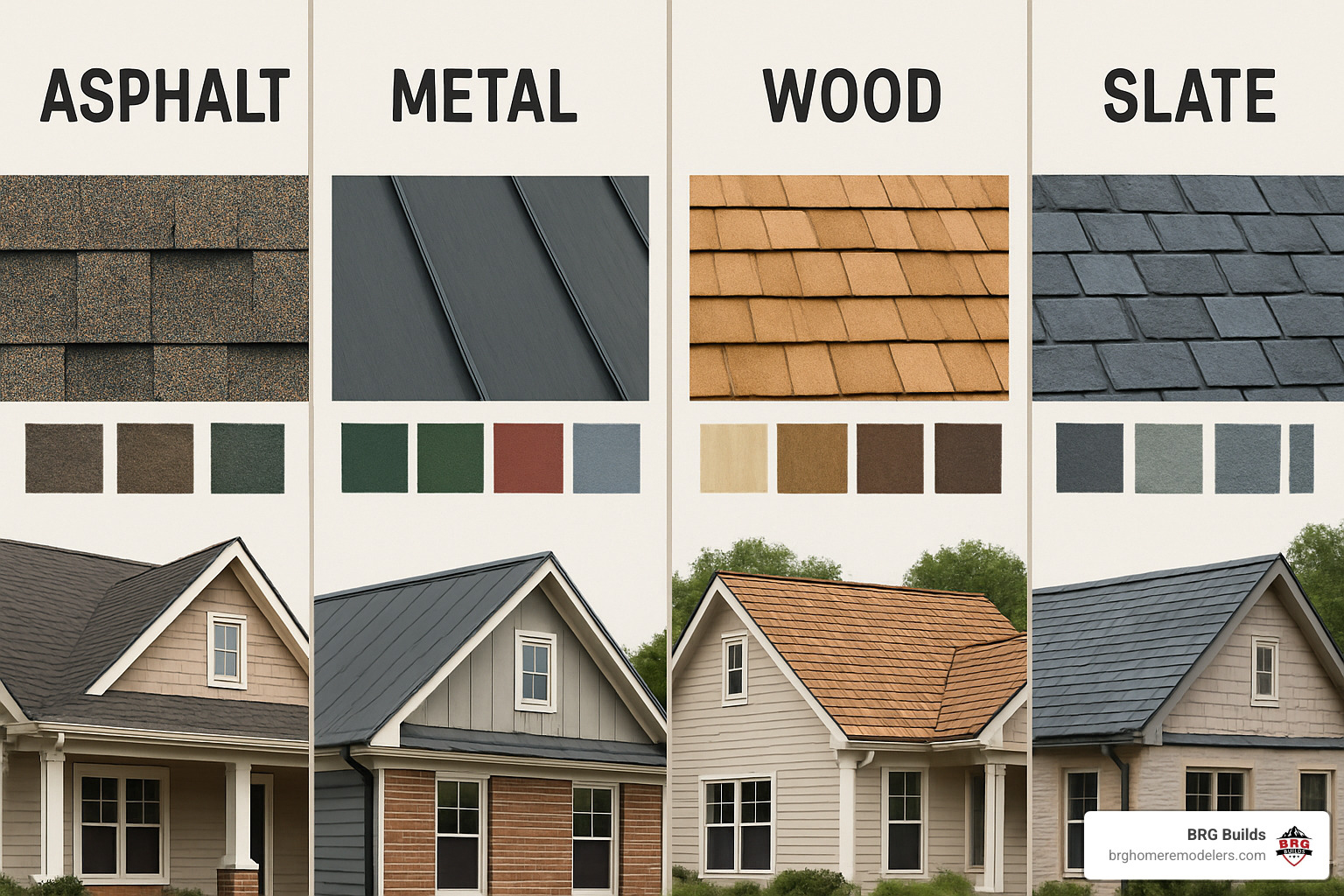 Detailed comparison of different shingle materials showing texture, color options, and installation examples - best shingles for residential roofing
