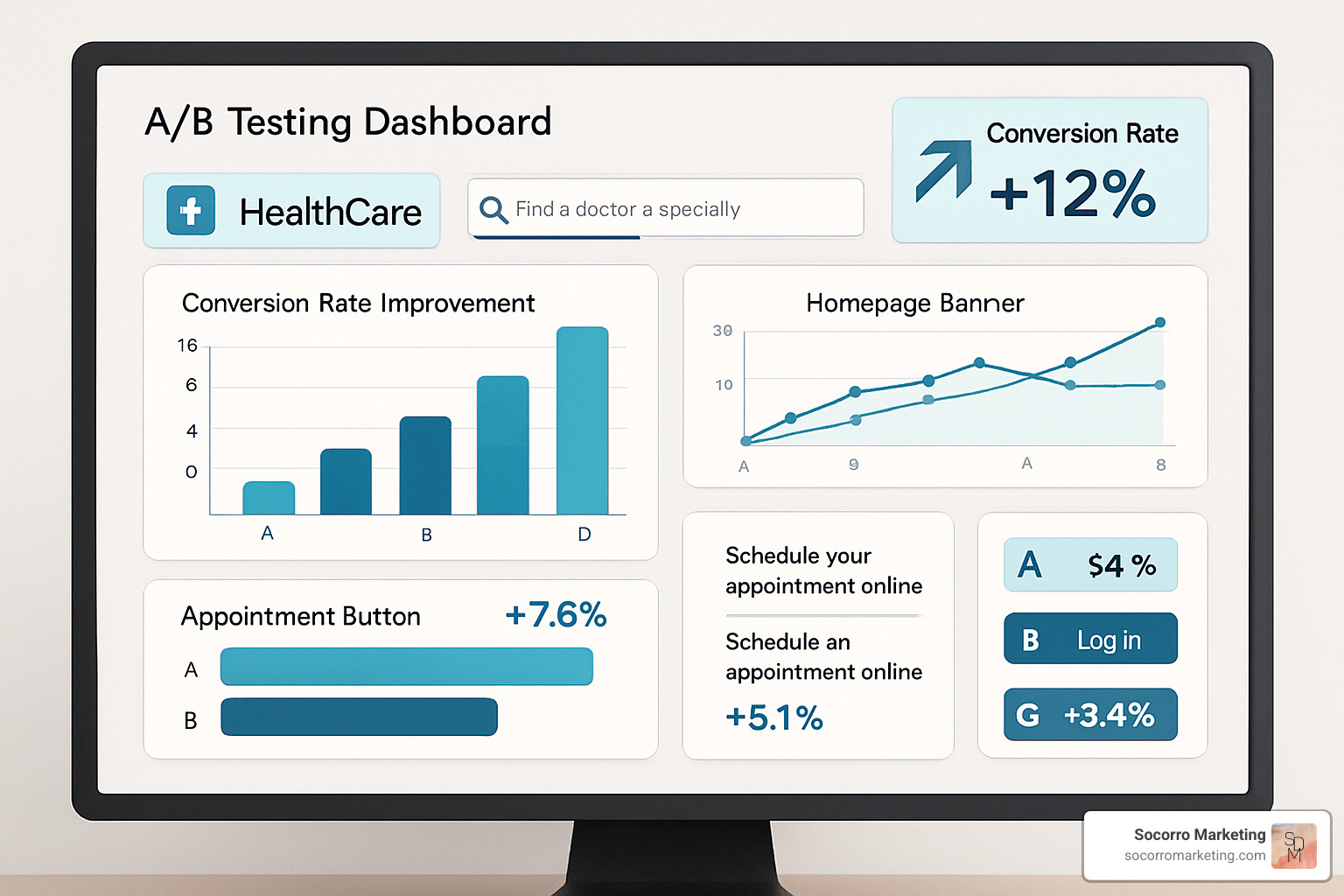 A/B testing dashboard showing conversion improvements for a healthcare website