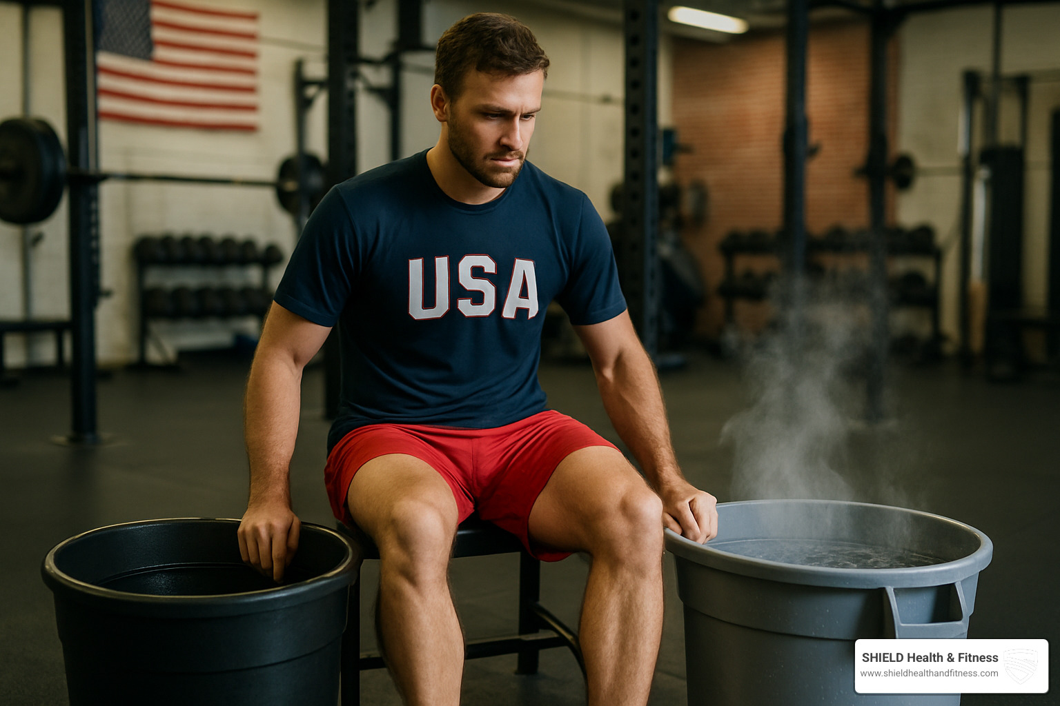 Athlete using contrast therapy during recovery