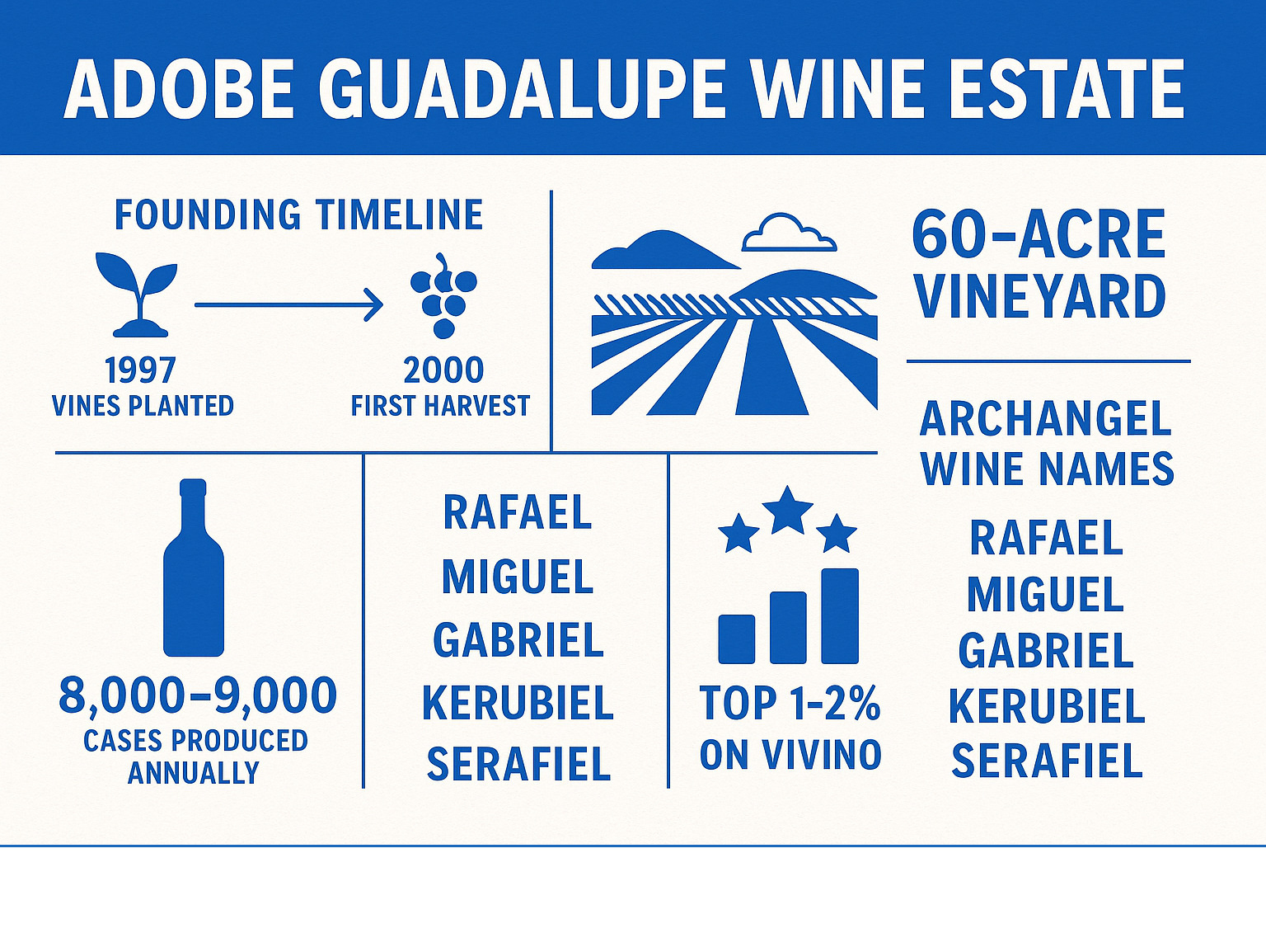 Adobe Guadalupe Wine Estate infographic showing founding timeline from 1997 vine planting to 2000 first harvest, 60-acre vineyard size, 8000-9000 annual case production, archangel wine names, and top Vivino rankings - adobe guadalupe wine infographic 