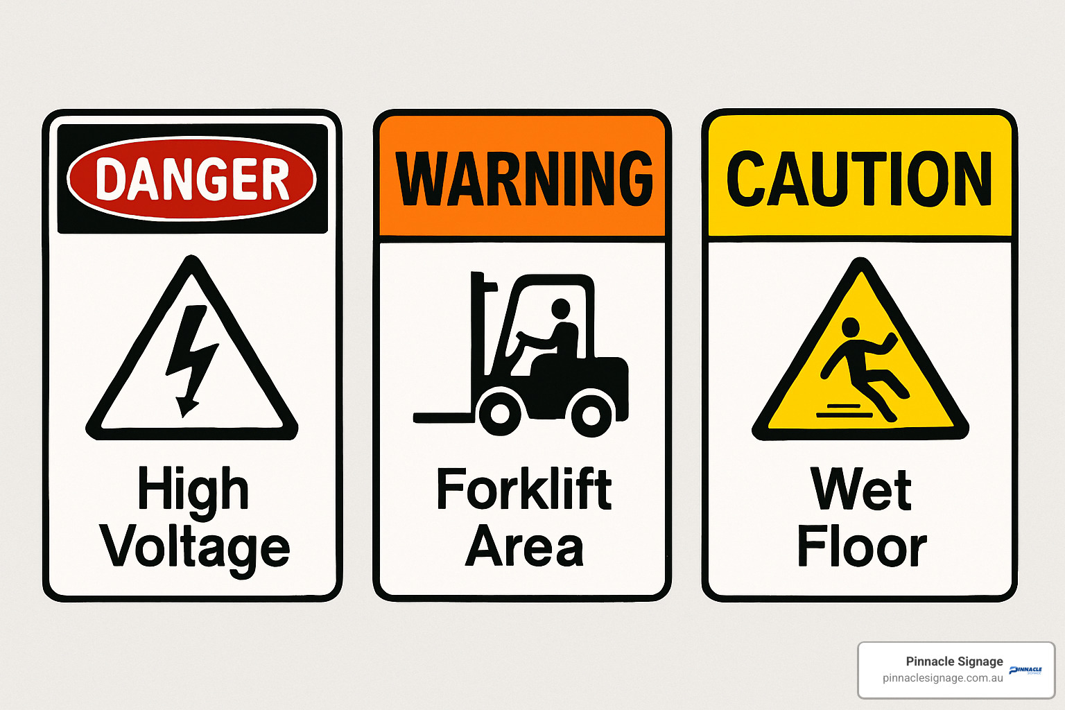 Sign hierarchy showing danger, warning, and caution signs with their distinctive colour codes and appropriate usage scenarios - danger work in progress sign