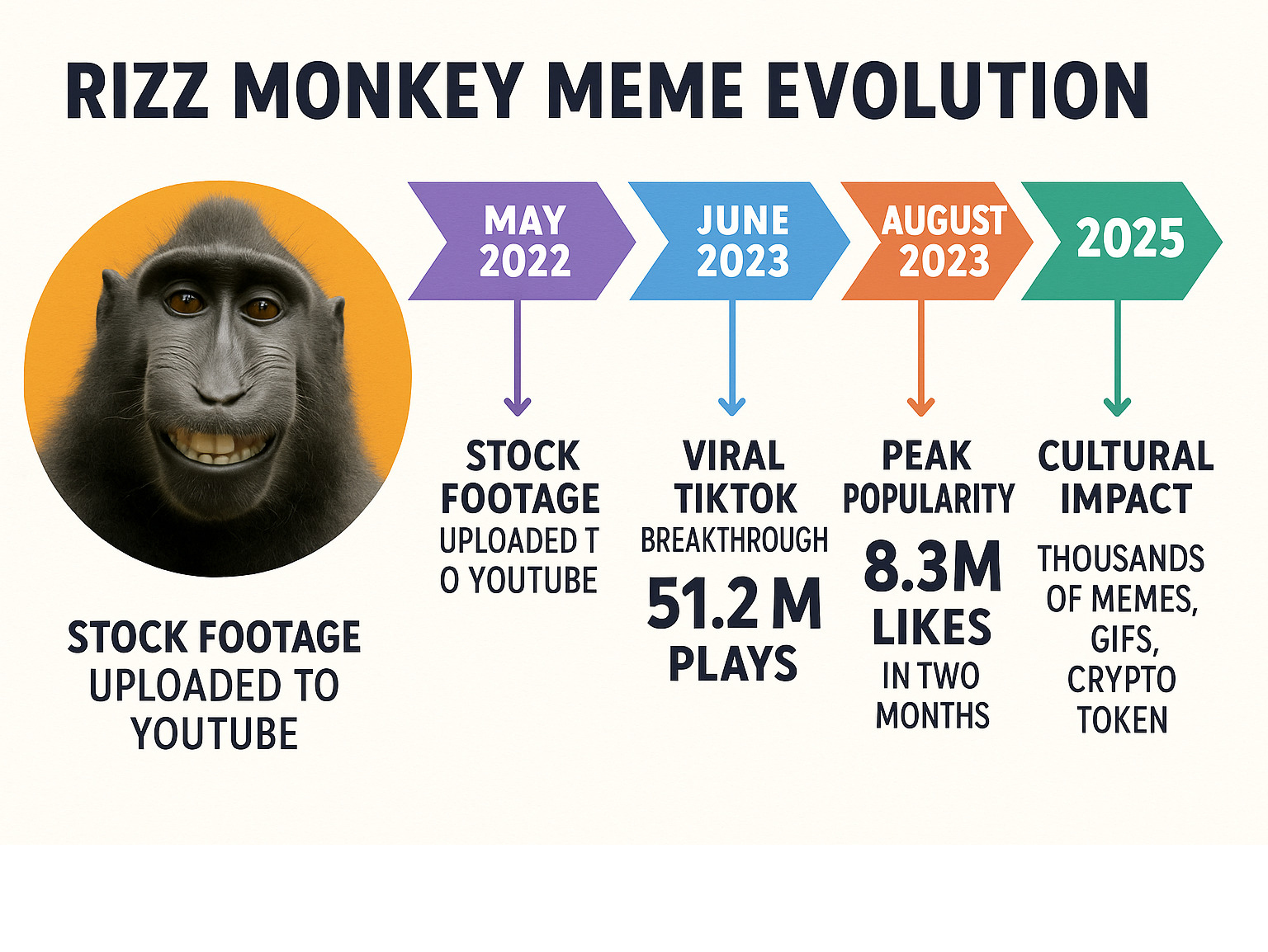 Detailed timeline infographic showing the rizz monkey meme evolution from May 2022 stock footage upload through viral TikTok breakthrough to current cultural impact with key statistics and platform milestones - rizz monkey  infographic 