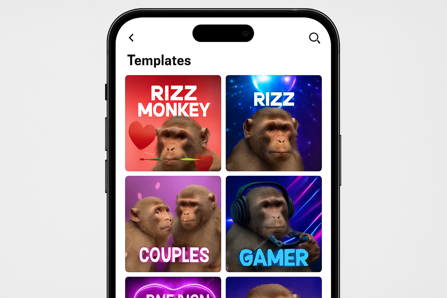 CapCut template gallery showing various Rizz Monkey variations and user-generated content - rizz monkey 