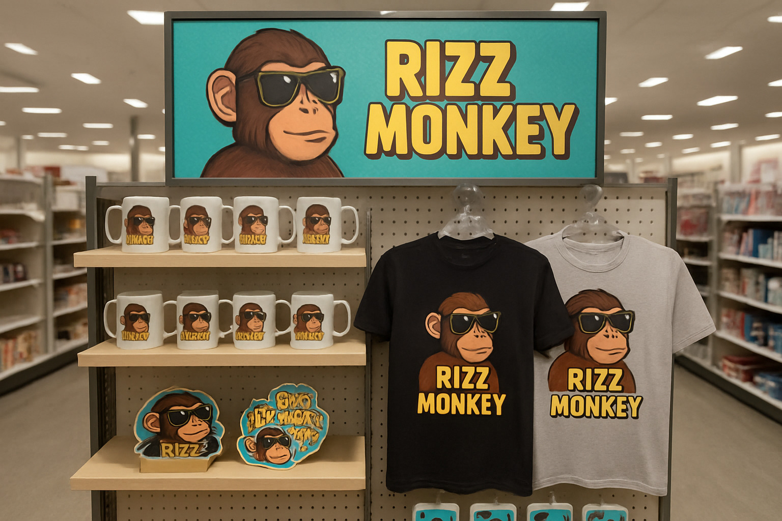 Retail display showing various Rizz Monkey merchandise including mugs, t-shirts, stickers, and phone cases - rizz monkey 