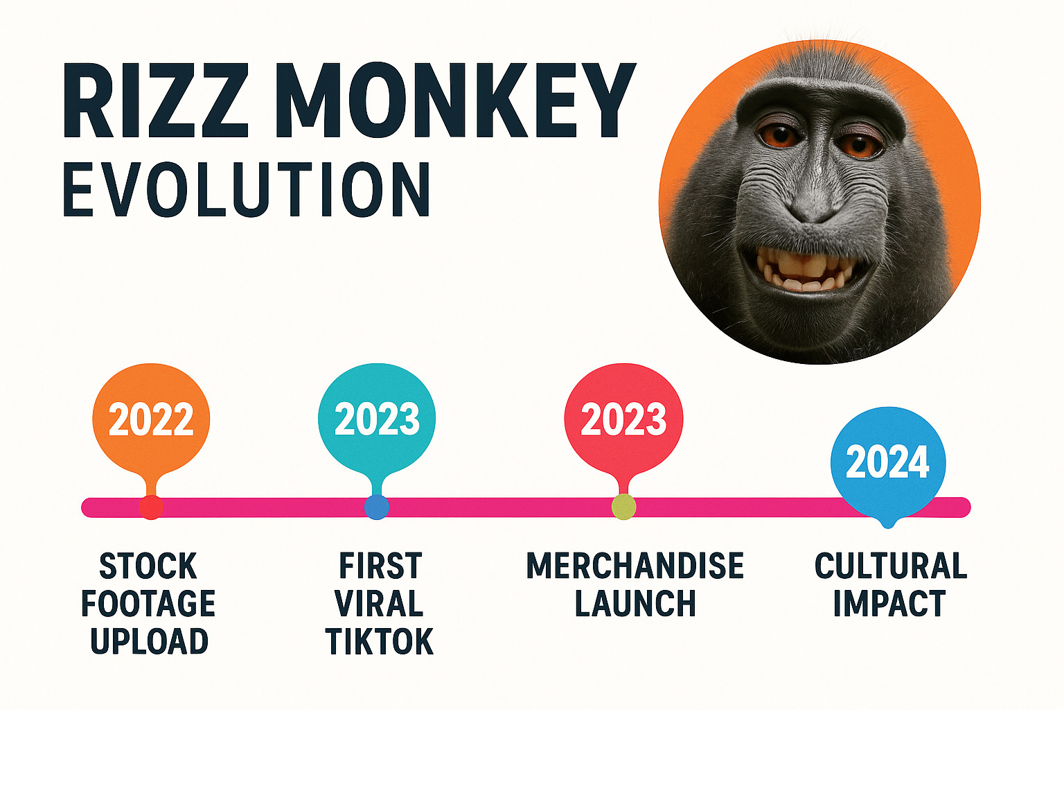 Timeline infographic showing Rizz Monkey's evolution from May 2022 stock footage upload through 2024 cultural impact, including key milestones like first viral TikTok, CapCut template release, merchandise launch, and crypto token creation - rizz monkey infographic 
