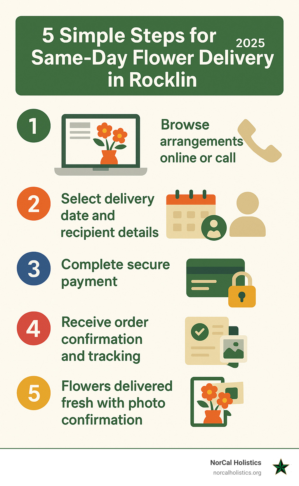 Infographic showing 5 simple steps for same-day flower delivery in Rocklin: 1. Browse arrangements online or call, 2. Select delivery date and recipient details, 3. Complete secure payment, 4. Receive order confirmation and tracking, 5. Flowers delivered fresh with photo confirmation - Rocklin flower delivery infographic 