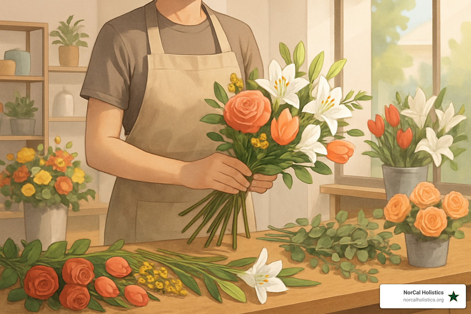Professional florist arranging fresh flowers in Rocklin shop - Rocklin flower delivery