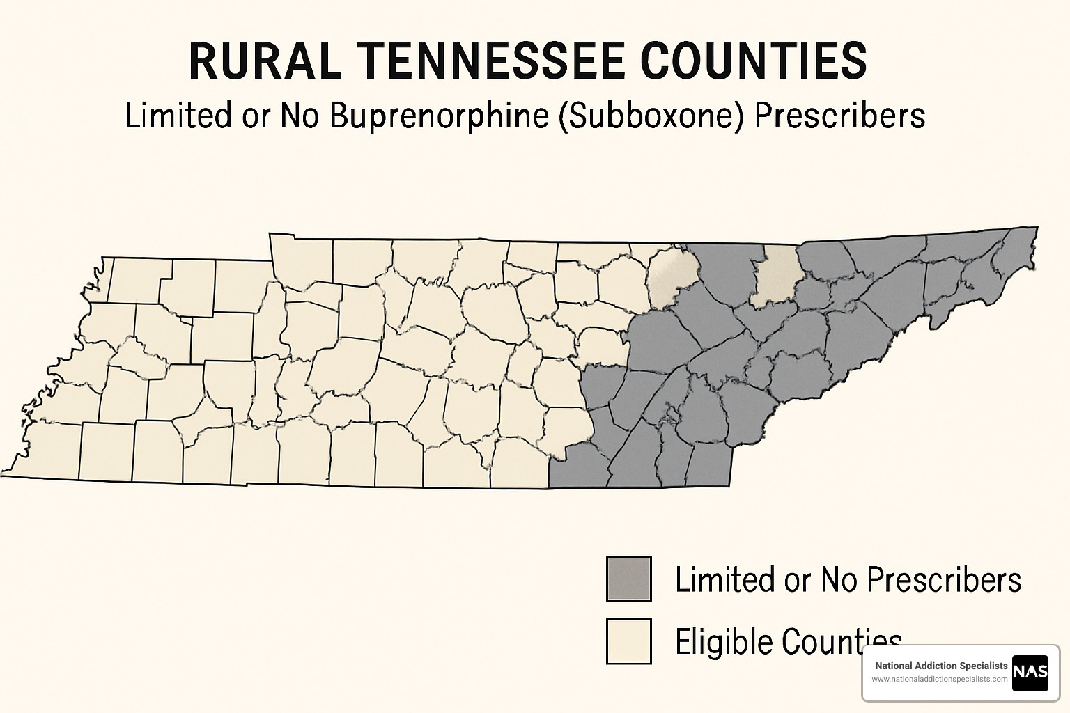 Rural Tennessee county map highlighting areas with limited or no buprenorphine prescribers - can mat suboxone clinic use telehealth in state of tennessee