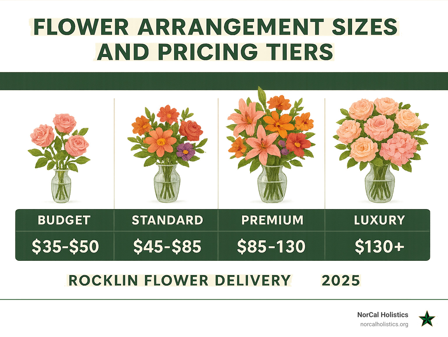 Comparison chart showing different flower arrangement sizes and pricing tiers from budget to luxury - Rocklin flower delivery infographic 