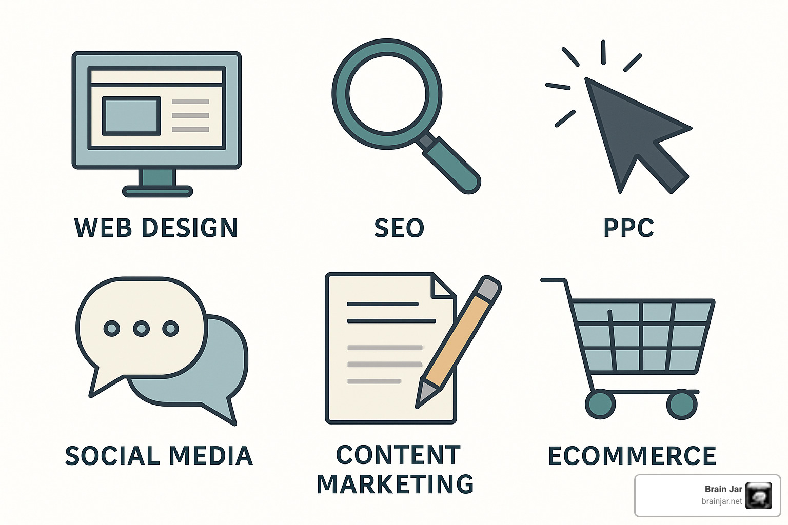 digital marketing services icons showing web design, SEO, PPC, social media, content marketing, email marketing, and ecommerce - local digital marketing agency