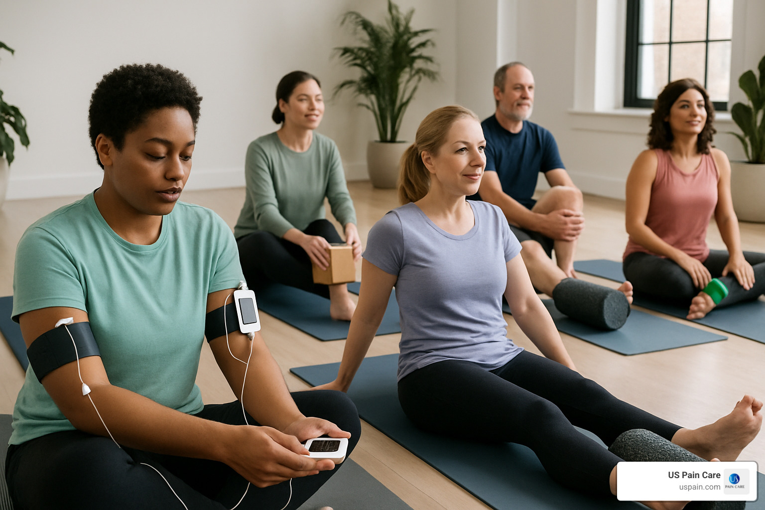 People participating in yoga alongside TENS device and other non-drug pain relief methods - pain killer medicine People participating in yoga alongside TENS device and other non-drug pain relief methods - pain killer medicine
