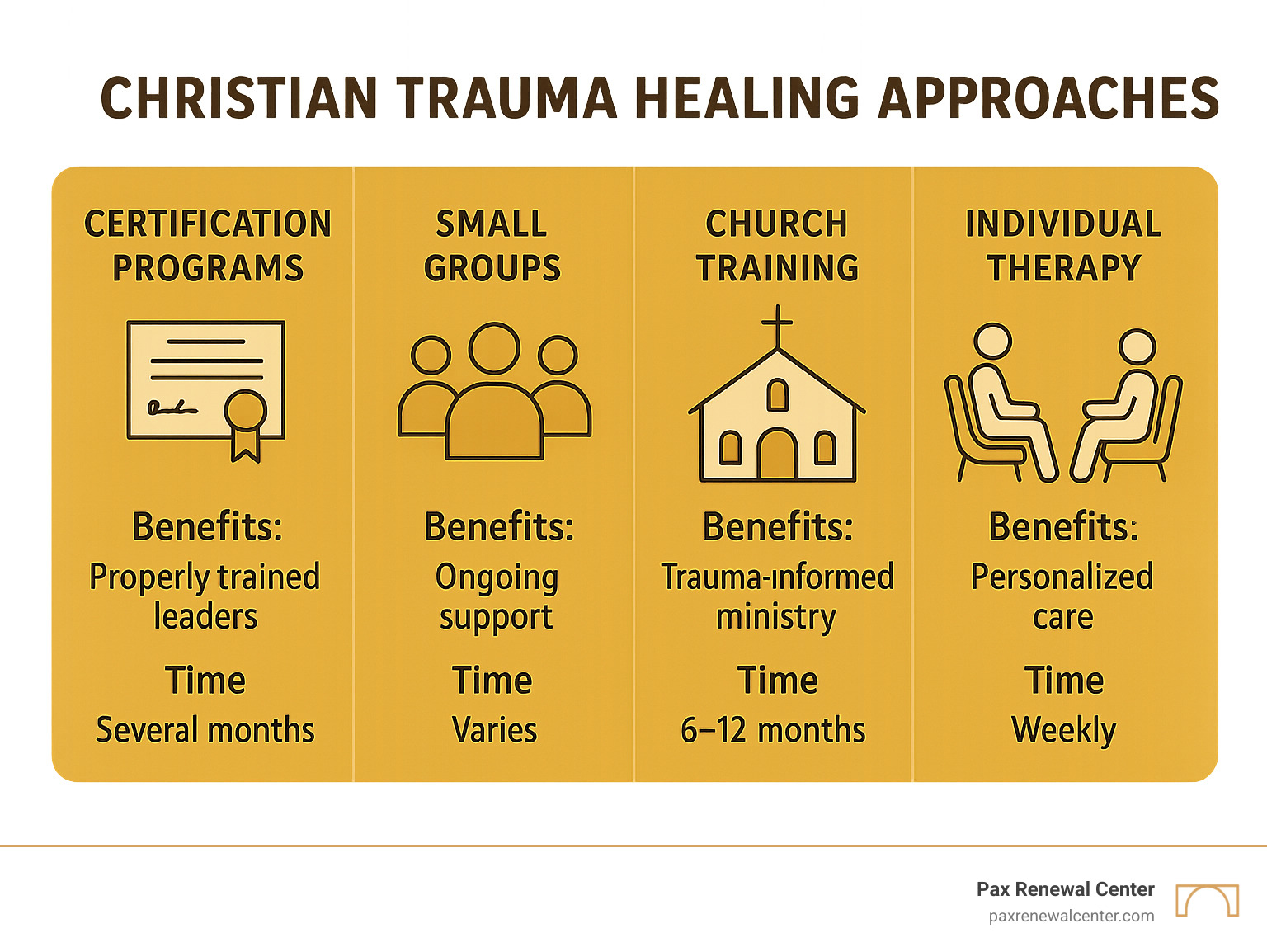 Infographic comparing different Christian trauma healing approaches, showing certification programs, small groups, church training, and individual therapy options with their respective benefits and time commitments - christian trauma healing network infographic 