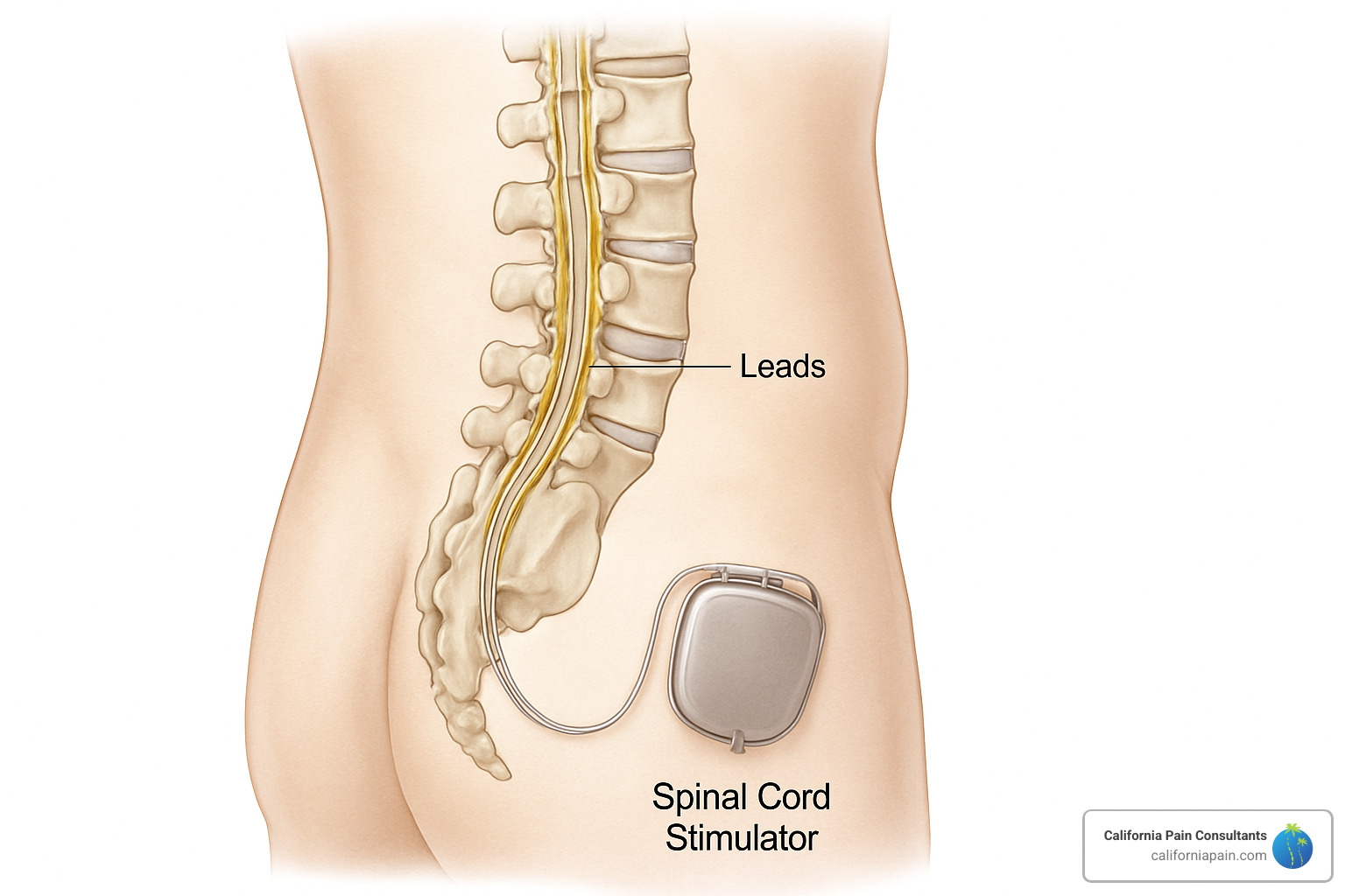 Spinal cord stimulator device implanted in the spine - failed back surgery syndrome