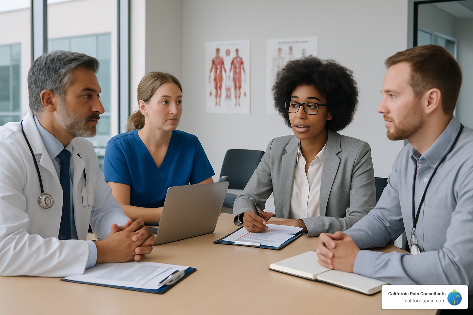 Multidisciplinary team meeting with various healthcare professionals discussing patient care - failed back surgery syndrome