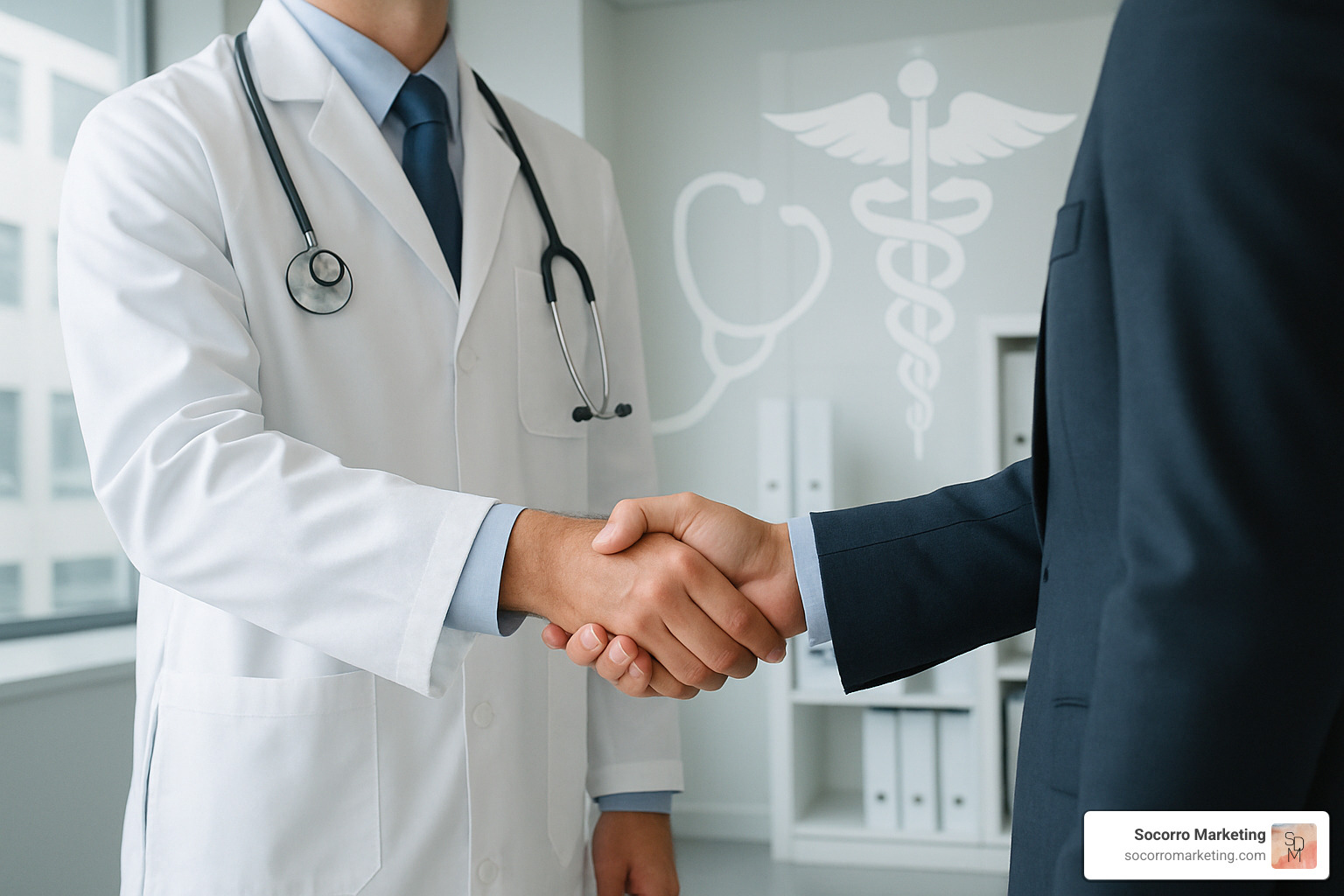 Healthcare marketing partnership handshake with medical symbols - digital marketing services for health care Healthcare marketing partnership handshake with medical symbols - digital marketing services for health care