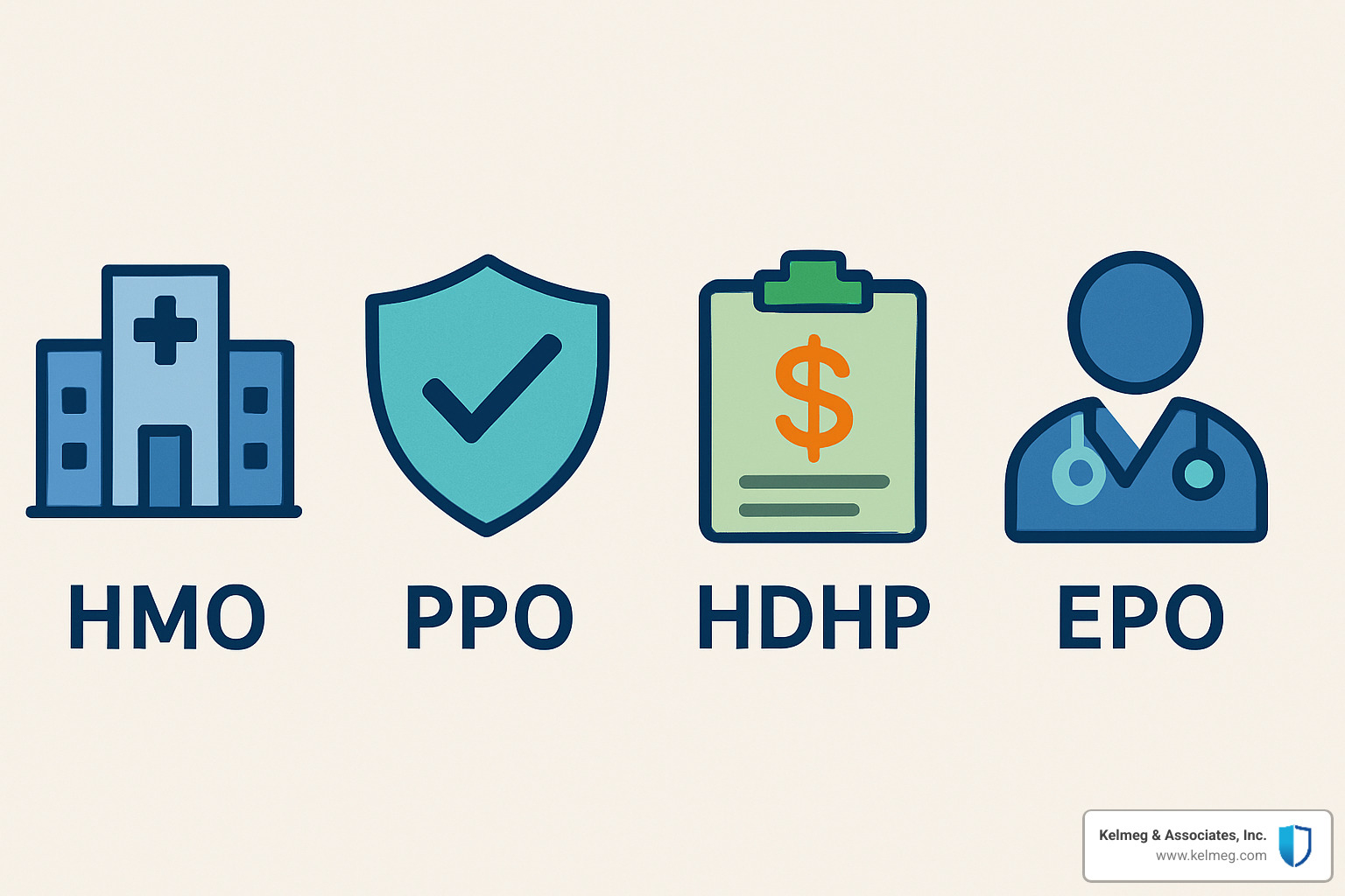 Plan type icons showing HMO, PPO, HDHP, EPO options - affordable group health insurance