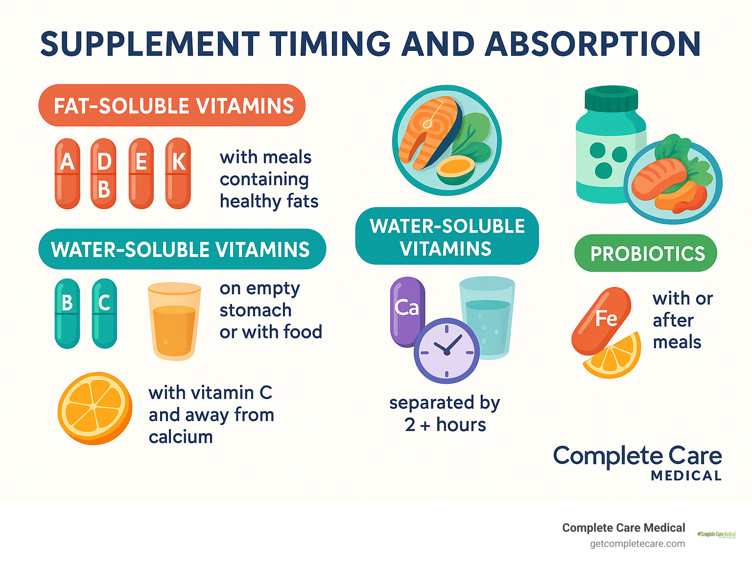 Infographic showing supplement timing and absorption - fat-soluble vitamins A, D, E, K with meals containing healthy fats, water-soluble B vitamins and C on empty stomach or with food, calcium and magnesium separated by 2+ hours, iron with vitamin C and away from calcium, probiotics with or after meals - vitamins and supplements infographic 