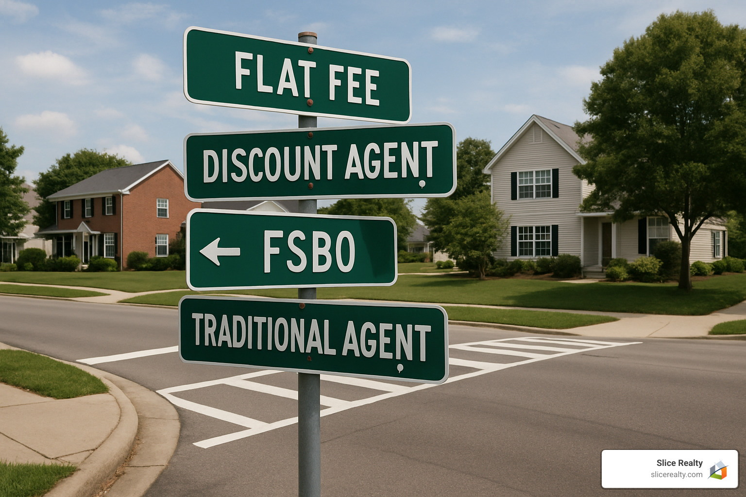 Diverging road signs showing different paths for selling your home, including flat fee, discount agent, FSBO, and traditional agent options - Flat fee seller agent