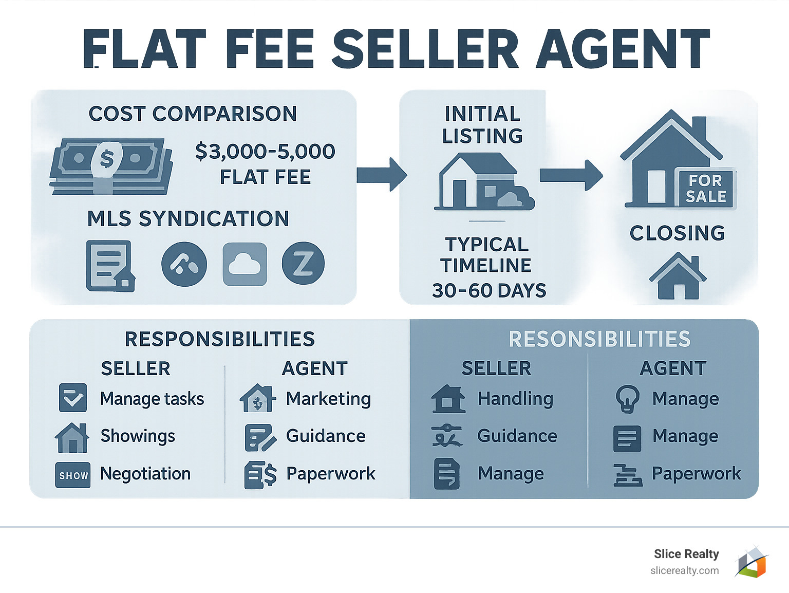 Comprehensive breakdown of flat fee seller agent process from initial listing through closing, showing cost comparisons between traditional 6% commission versus $3,000-$5,000 flat fee, MLS syndication to major real estate websites, typical timeline of 30-60 days, and division of responsibilities between seller and agent - Flat fee seller agent infographic 