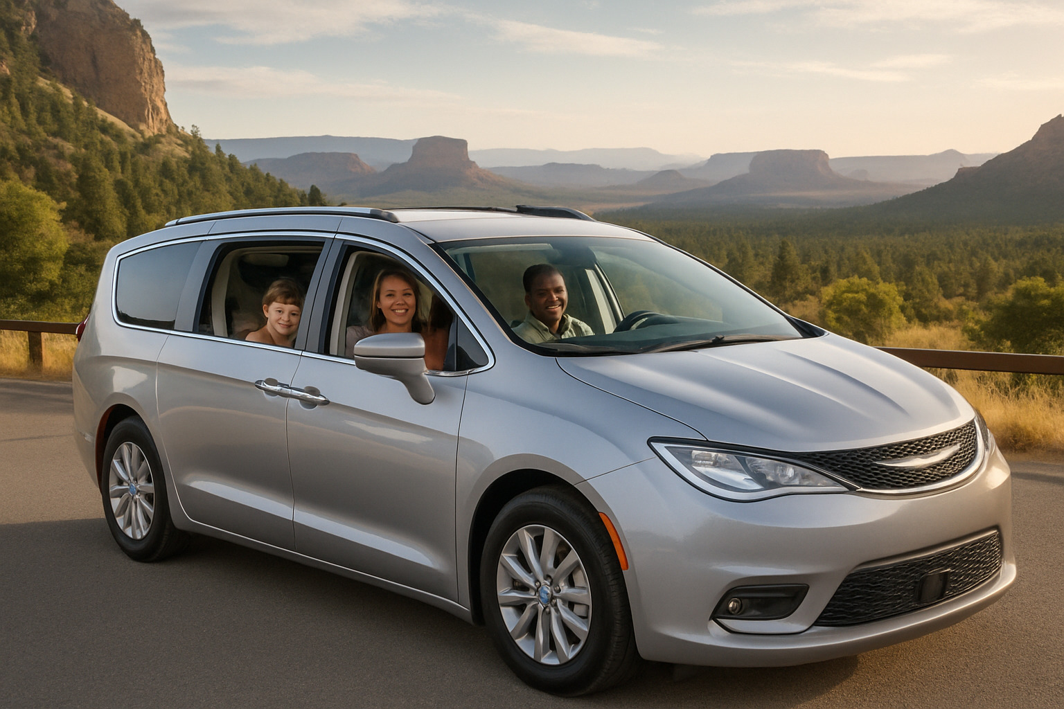 Winning vehicle with happy family inside showing spacious, comfortable interior - most comfortable rental car for long trip